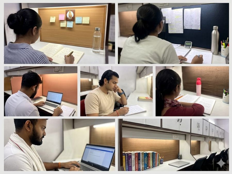 Full study hall with students and cubicle dividers — Rohini branch